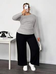 Truni Conjunto de 3 piezas para mujer talla grande con top corto de cuello halter, pantalones de pierna ancha y camiseta de manga larga con cuello asimétrico para primavera/otoño/invierno - Negro - Ver 3