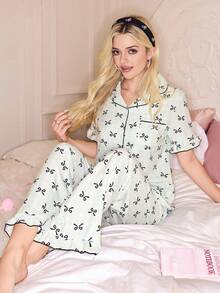 SweetSlumber 2 piezas Conjunto de pijama de manga larga con lazo y estampado de cuadros para niñas - Multicolor - Ver 7