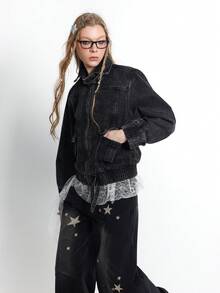 Bloopia 女士时尚通勤蕾丝拼接长袖拉链外套 - 黑色 - 查看 6