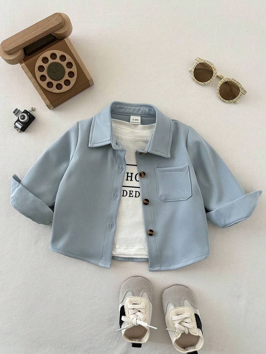 SHEIN 3pcs/Set Baby Boys' Casual Versatile Turndown Collar Front Button Chest Pocket Long Sleeve Tops