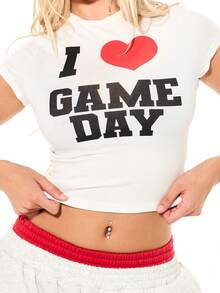 SUMWON WOMEN I Love Game Day Graphic Baby Tee Short Sleeve Crop Top With Red Heart Print - White - View 3