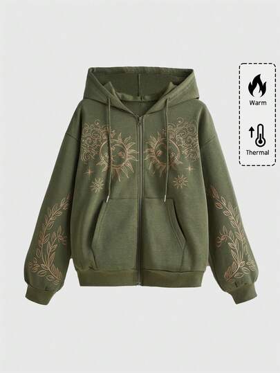 ROMWE Hippie Sun & Leaf Graphic Zip Up Drawstring Thermal Lined Hoodie, School,Long Sleeve Tops Graduation,Back To School Outfits,Graduation,Teacher Outfits For Women,Back To School