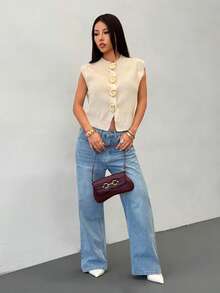 SHEIN PETITE Women's Casual Commuter Metal Buckle Knit Cardigan,Fall - White - View 6