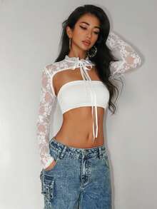 Jeanoix Women's Lace Fabric Sexy Daring Avant-Garde Blouse - White - View 7