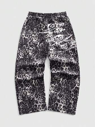 بنطلون رجالي كاجوال بخصر مطاطي وساق مستقيمة فضفاضة بطبعة نمر