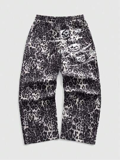 Herren Mode Leoparden Muster Elastischer Bund Weite Gerade Bein Lässig Hose