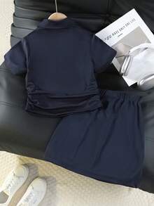 SHEIN Explorewe 少女休闲Polo衫，带刺绣领，搭配裙子，适合休闲、运动和校园穿着 - 藏蓝色 - 查看 2