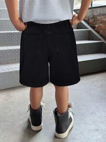 SHEIN Young BoyGlitter Letter Rhinestone Decor Black Denim Loose Shorts - Black - View 2