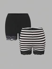 SHEIN Essnce 大码女装春夏时尚休闲高弹舒适日常百搭蕾丝边黑色条纹短裤2条装，夏季打底裤，女式春夏休闲度假短裤 - 彩色 - 查看 1