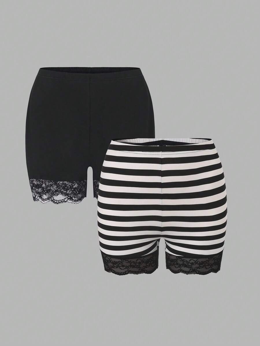SHEIN Essnce 大码女装春夏时尚休闲高弹舒适日常百搭蕾丝边黑色条纹短裤2条装，夏季打底裤，女式春夏休闲度假短裤 - 彩色 - 查看 1