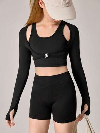 SHEIN Tween Girls 2-delars set - Svart linne + sportlinne, 4-vägs stretchigt silkeslent mjukt tyg