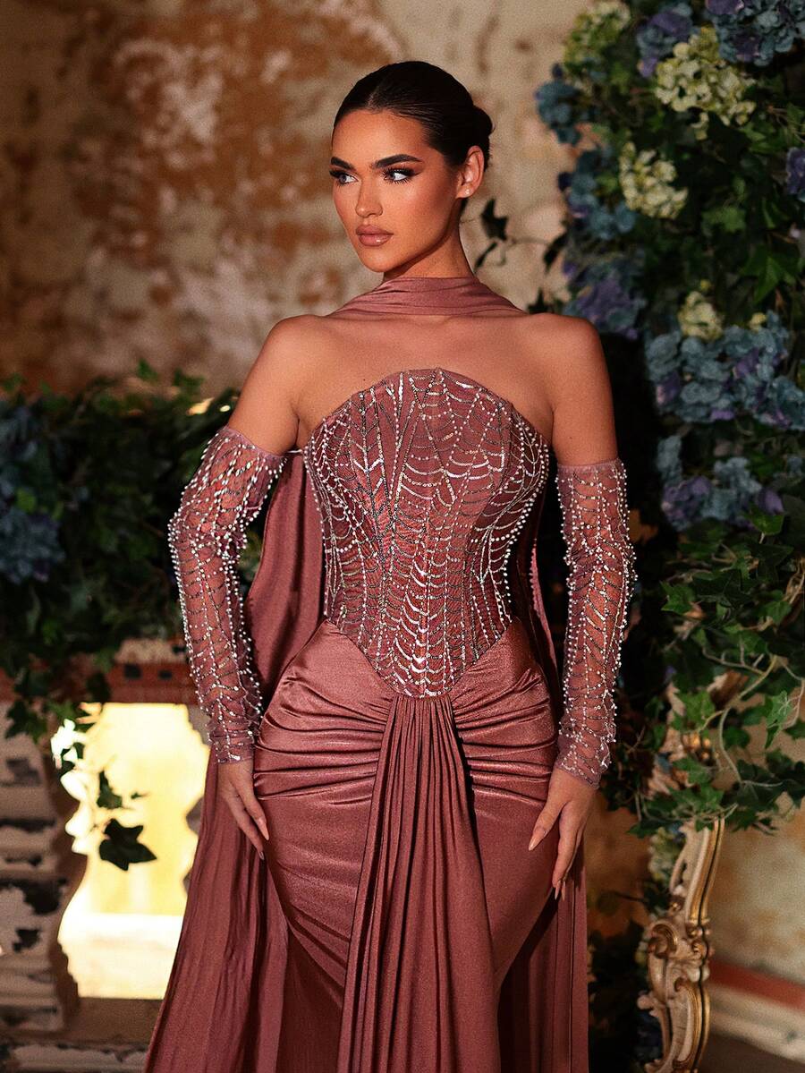 Glamrae Váy đuôi cá dáng ôm, tay dài, chất liệu thun co giãn, đính cườm và sequin sang trọng màu tím sen thanh lịch (có thể tháo rời), thích hợp cho các buổi hẹn hò, đám cưới, sự kiện trang trọng, tiệc tối trang trọng