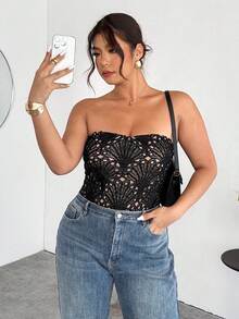 SHEIN Privé Frauen Große Größen Spitze modischer sexy Bandeau Bodysuit - Schwarz - Übersicht 7