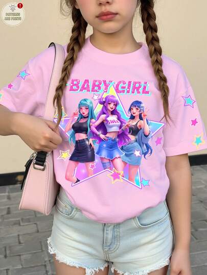 SHEIN Casual Fashionable Colorful K-POP Young Girls Group Letter & Star Print, KPOP Style Cartoon Character Print Crew Neck Short Sleeve T-Shirt, Suitable For Festivals, Parties, Daily Wear, Concerts Girls Shirt Anime Girl Shirt Star Girl Shirt