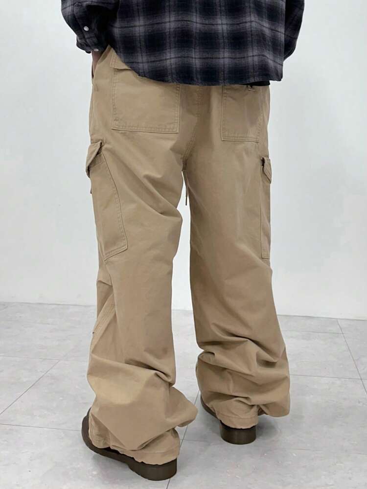 Men's Washed Khaki Casual Cargo Jeans With Elastic Waist, Spring/Autumn