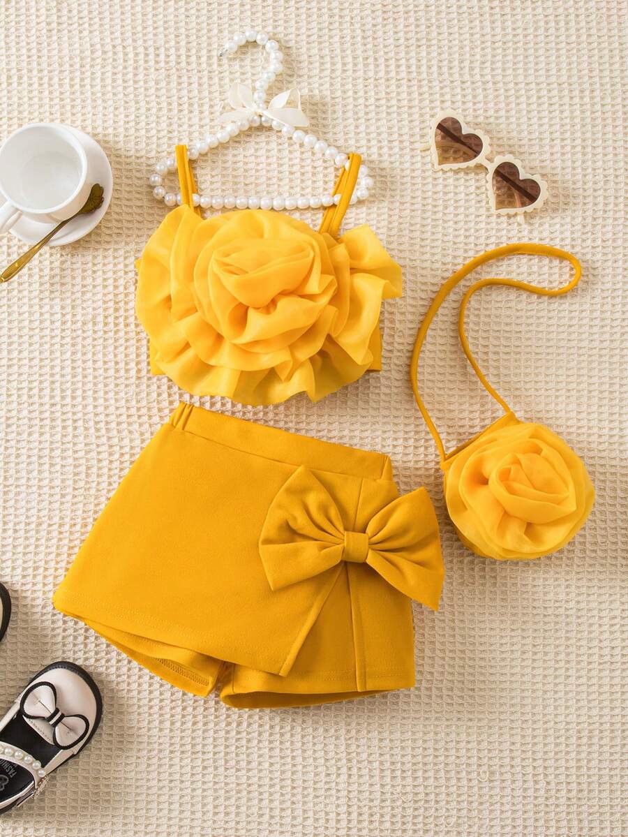 SHEIN 3件套女婴玫红色碎花上衣配斜挎包，可爱优雅印花休闲套装，春夏款 - 黃色 - 查看 1