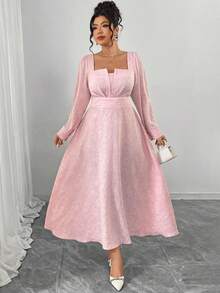 Elenzga Vestido Vermelho de Manga Longa Estilo A-Line para Mulheres Plus Size, Elegante Decote Quadrado com Busto Plissado 3D, Cintura Marcada, Mangas Bufantes, Namorada Sofisticada e Romântica, Festa do Dia dos Namorados, Ano Novo, Vestido Longo Rosa Plus Size