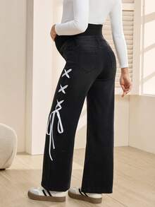 SHEIN 孕妇时尚休闲交叉蝴蝶结牛仔裤 - 黑色 - 查看 2