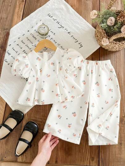 Baby Girl Casual Comfortable V-Neck Puff Sleeve Floral Print Shirt And Pants Set