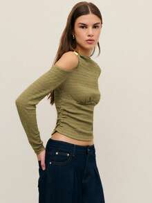 Nöista 这款上衣采用镂空和褶皱设计，时尚别致，适合女士夏季/春假/派对穿着。 - 橄欖綠 - 查看 2