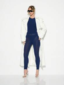 KIZN Sheer Mesh Panel Leggings High Waisted Full Length Fitted Bottoms Fashion Statement Piece - Navy Blue - View 6