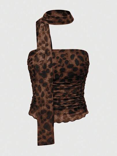 J-Fashion Camiseta de tirantes con diseño de lazo y estampado de leopardo para mujer de talla grande