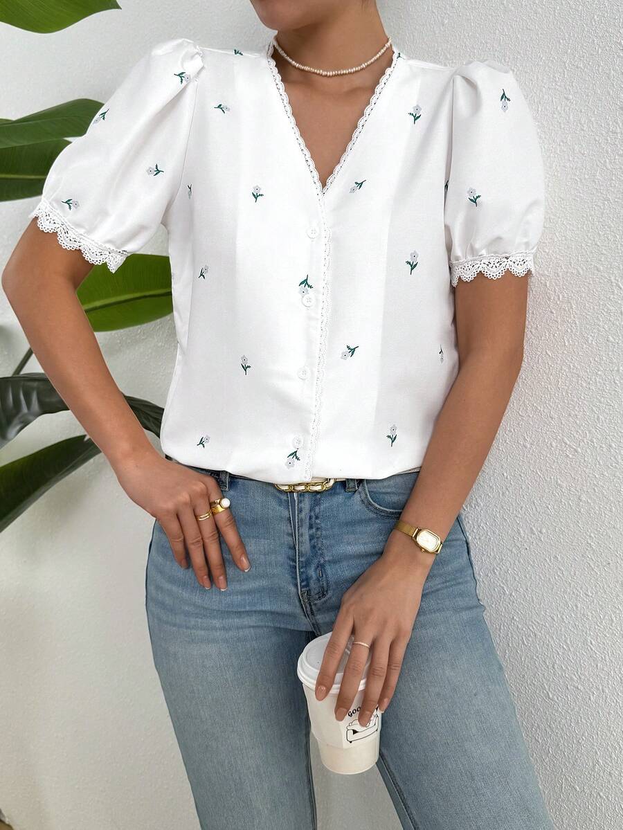 SHEIN LUNE Women's White Floral Lace Patchwork V-Neck Puff Sleeve Blouse, Spring/Summer - White - View 1
