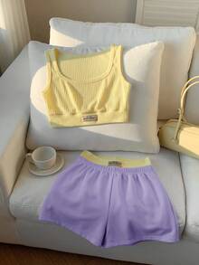 Comfortcana 2pcs/Set Women Summer Letter Print Vest And Contrast Color Block Shorts Set, Vacation Outfit, Cream Yellow - Multicolor - View 3