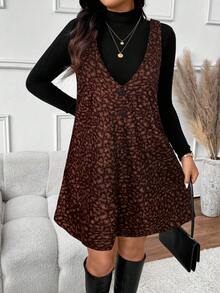 SHEIN Frenchy Bộ 2 món dành cho nữ cỡ lớn, kiểu dáng cổ điển, màu trơn, tay dài và váy họa tiết da báo. - Cà phê nâu - Xem 5