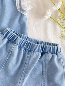 Baby Girl Cute Summer Blue And White Denim Vest&Shorts Set,Lace Flutter Sleeve Ruffle Trim Hollow Out Embroidery Casual Vacation Outfit For Beach - Medium Wash - View 11