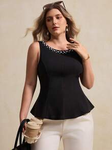 Elegantrix Plus Size Women's Spring/Summer Bubble Bead Decor Waist Ruffle Hem Elegant Blouse - Black - View 4