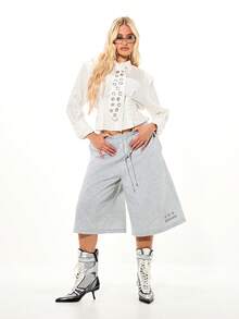 SUMWON WOMEN Oversized Power Shoulder Pinstriped Button Front Long Sleeve Blouse With Eyelet Waist Tie Detail For Casual Professional Wear - White - View 5