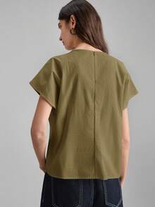 Ontre Women's Gathered Cap Sleeve Round Neck Cap Sleeve Top, Urban Commute Business Casual Wear, Elegant For Outings, Dates, Weddings, Vacations - Army Green - View 3