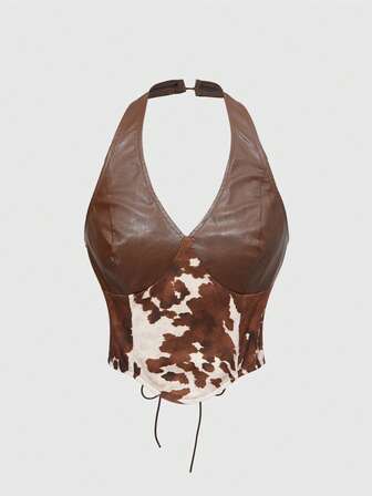 Hippie Top de tirantes con cuello halter de talla grande, estampado de animales vintage y patchwork de PU para mujeres