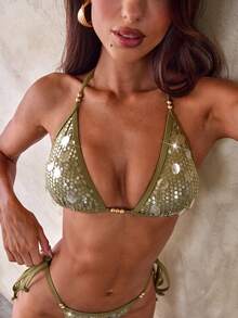 Aloruh 女士挂脖纯色亮片比基尼夏季新款亮片串珠面料魅力派对性感度假波西米亚风泳装上衣，比基尼上衣，女士度假装，女士沙滩装，女士比基尼，女士泳装，女士沙滩装，女士沙滩时尚，女士沙滩比基尼，女士沙滩装，女士沙滩度假装，女士夏季度假装，女士沙滩度假装 - 橄欖綠 - 查看 8