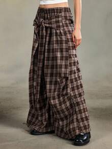 ROMWE EDITION Y2K Vintage Distressed Plaid Wide Leg Maxi Pants For Women - Brown - View 3