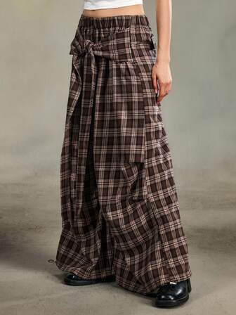 Grunge Punk Y2K Vintage verwaschene karierte Weit-Bein Maxi Hose für Frauen