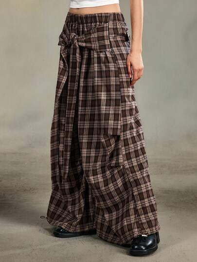 Grunge Punk Y2K Vintage Distressed Plaid Wide Leg Maxi Pants For Women