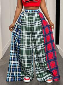 SHEIN BamGlam 女士时尚休闲高腰褶裥阔腿裤，彩色拼接印花，舒适夏季度假之选 - 彩色 - 查看 7