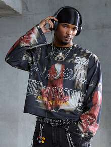 ROMWE MEN 男士闪亮钻石印花宽松套头卫衣 - 黑色 - 查看 4