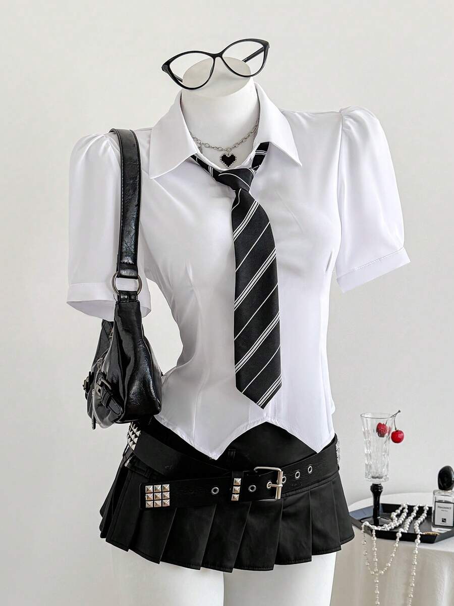 SHEIN EZwear Puff Sleeve Button Front Shirt & Necktie,Short Sleeve Tops - White - View 1