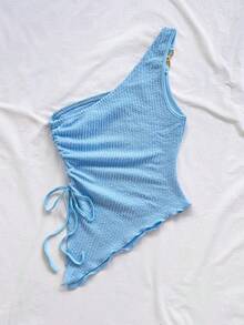 Soleia Áo ba lỗ dệt kim Jacquard họa tiết một bên vai bó sát, xẻ tà, dây rút, nhún bèo, thích hợp cho tiệc tùng, hẹn hò, ngày lễ tình nhân, lễ Phục sinh, lễ hội hóa trang, trà chiều, bãi biển, du ngoạn, giải trí thành phố - Màu xanh lam - Xem 2