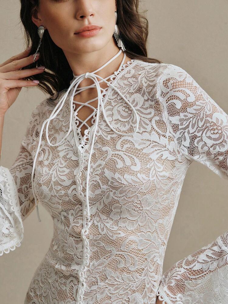 Elegant French Lace Flare Sleeve Tie-Up Hollow Out Slit Slim Fit Bodycon Dress, White
