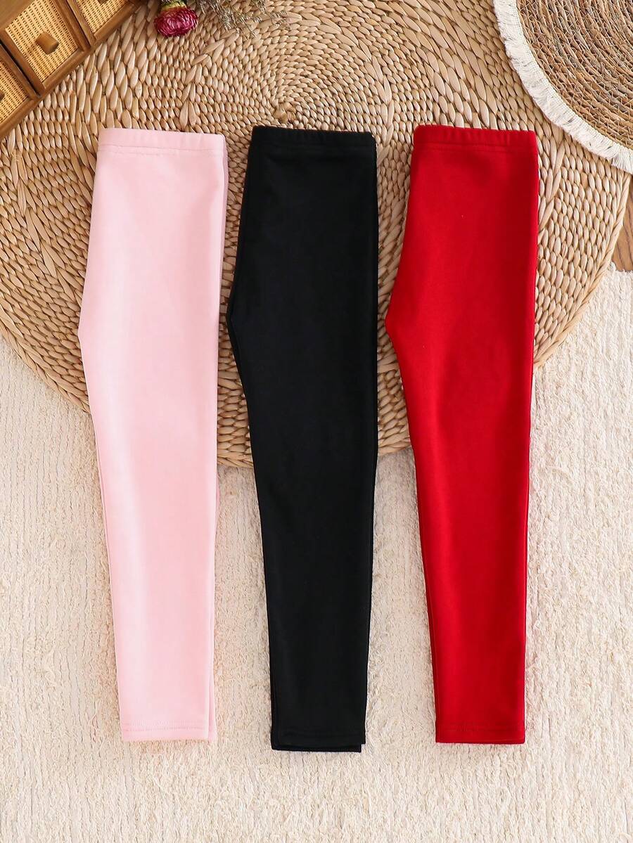 LMoss Kids 3pcs/Set Young Girl Solid Color Fitted Casual Leggings - Red - View 1