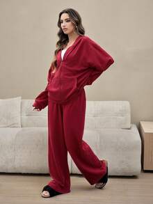 HautHeat 女士红色宽松纯棉休闲连帽拉链卫衣裤睡衣家居服套装，柔软舒适，适合居家、外出、街头风、圣诞节感恩节、秋季和冬季穿着。 - 酒紅色 - 查看 1