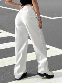 SHEIN EZwear Pantalones rectos y sueltos de color gris casual, unicolor, de talle alto y de pierna larga - Blanco - Ver 2