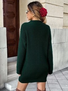SHEIN LUNE Solid Color Loose Ribbed Knit Sweater Dress - Dark Green - View 2