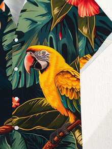 Manfinity RSRT 加大码热带鹦鹉印花休闲短袖衬衫，男士时尚翻领衬衫，适合约会、派对等场合，送给男友的绝佳礼物 - 彩色 - 查看 4