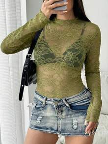 SHEIN Tall 大码女式性感透视蕾丝长袖圆领休闲修身高弹力上衣，春秋季 - 橄欖綠 - 查看 1