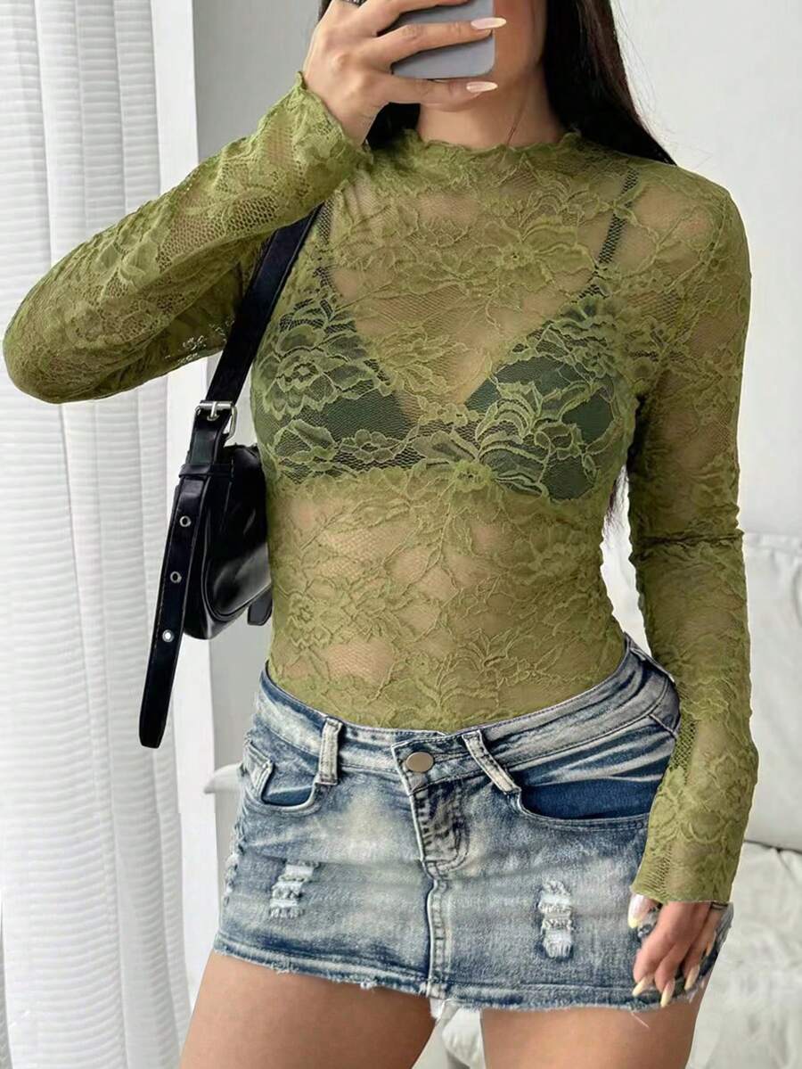 SHEIN Tall 大码女式性感透视蕾丝长袖圆领休闲修身高弹力上衣，春秋季 - 橄欖綠 - 查看 1